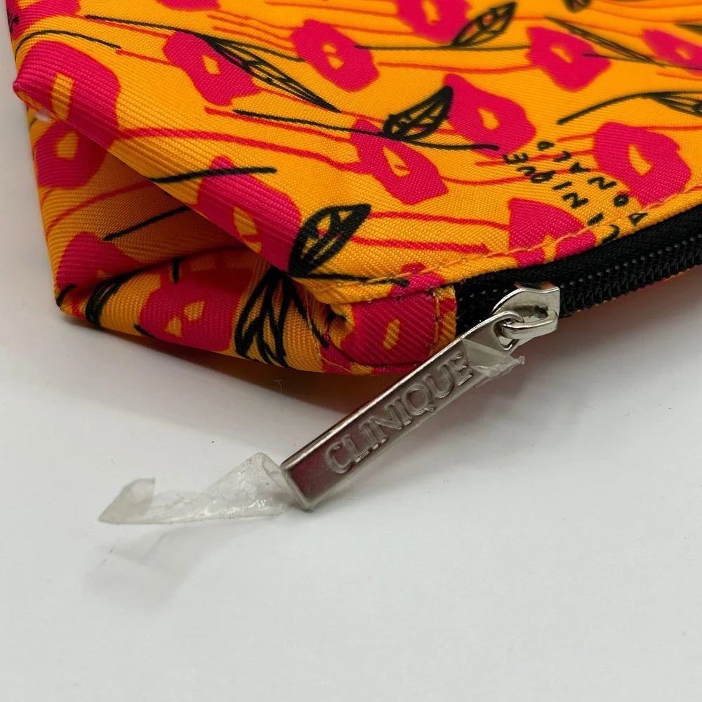 Clinique x Donald Robertson Makeup Bag Orange Pink Lips Leaf Cosmetic Pouch NWOT